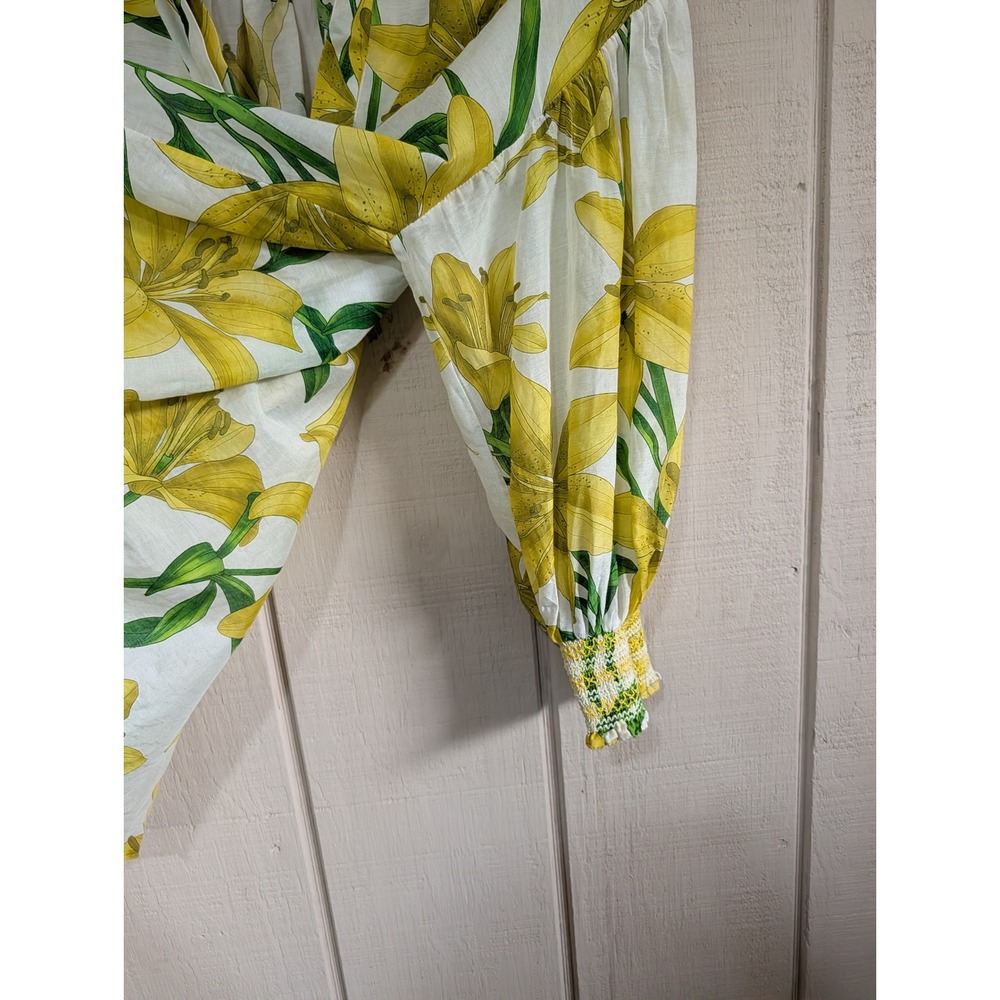 Alice +‎ Olivia Maylin Yellow Lily Floral Silk Blend Puff Sleeve Blouse Large - Picture 12 of 16
